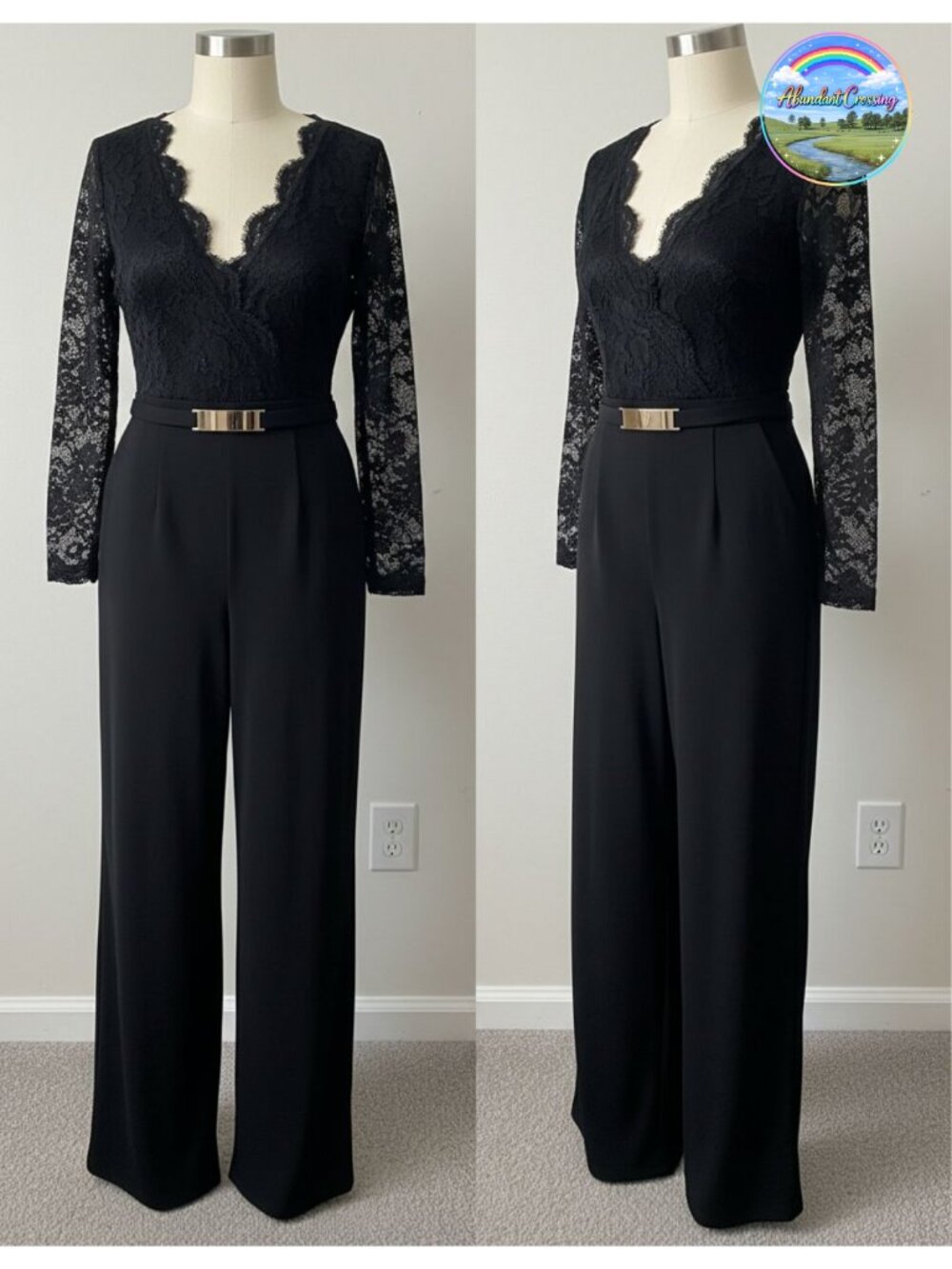 Black Lace V-Neck Jumpsuit with Long Sleeves
